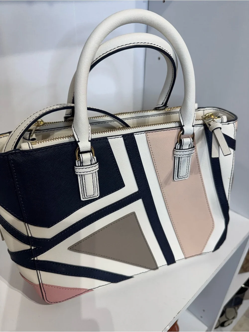 Tory Burch Geometric Colorblock Leather Satchel in White, Black & Blush